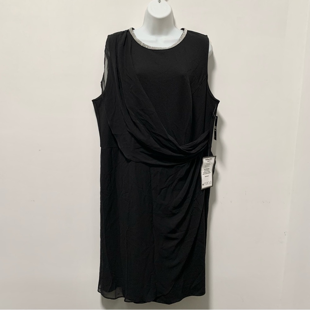 MSK Black Ruched Siver Rhinestone Sleeveless Midi Dress Cocktail
